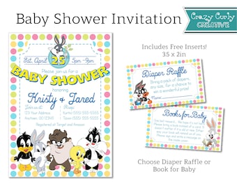 Baby Looney Time Gender Neutral Baby Shower Invitation, FREE Insert Books for Baby or Diaper Raffle, Digital or Printed