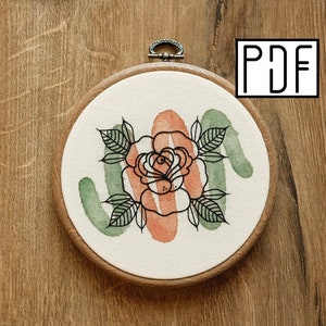 Digital PDF pattern - Watercolor Rose Tattoo Hand Embroidery Pattern (PDF modern hand embroidery pattern)