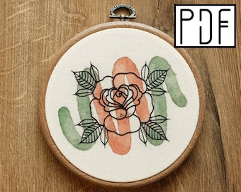 Digital PDF - Watercolor Rose Hand Embroidery Pattern (Digital Download), floral embroidery design, printable pattern PDF