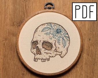 Digital PDF - Flower Tattoo Skull Hand Embroidery Pattern (Digital Download), gothic embroidery design, floral embroidery, printable pattern