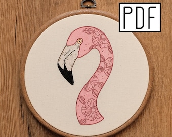 Digital PDF - Flower Flamingo Bird Hand Embroidery Pattern (Digital Download), floral tattoo embroidery design, printable pattern PDF