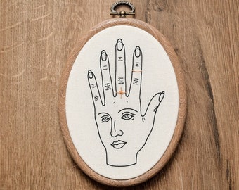 Hand with a Face Hand Embroidery Hoop Art (modern hand embroidery wall ahgning)