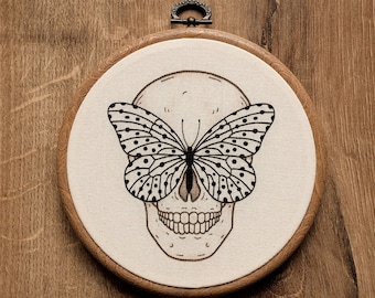 Butterfly Skull Hand Embroidery Hoop Art: Modern Wall Decor, gothic embroidery design