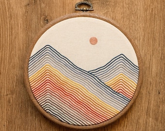 Abstract Sunrise Mountains Hoop Art (modern hand embroidery wall hanging), minimalist embroidery design