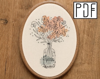 Digital PDF - Abstract Flower Bouquet Hand Embroidery Pattern (Digital Download), minimalist floral embroidery design, printable pattern PDF