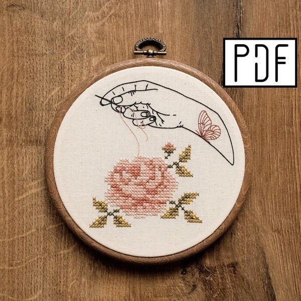 Digital PDF pattern - Hand Embroidering a Cross Stitch Rose with a butterfly tattoo detail (PDF modern hand embroidery pattern)