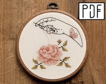 Digital PDF - Rose and Butterfly Cross Stitch and Hand Embroidery Pattern (Digital Download), botanical tattoo embroidery design, printable