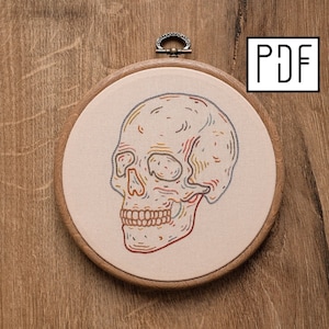 Digital PDF pattern - Multicolor Line Skull Hand Embroidery Pattern (PDF modern hand embroidery pattern)
