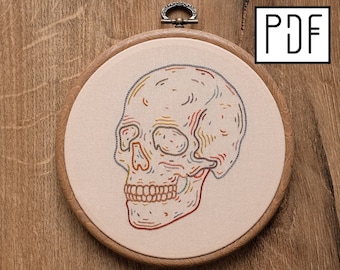 Digital PDF pattern - Multicolor Line Skull Hand Embroidery Pattern (PDF modern hand embroidery pattern)