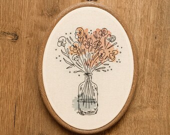 Abstract Flower Bouquet Hand Embroidery Hoop Art: Modern Wall Decor, minimalistic floral embroidery design
