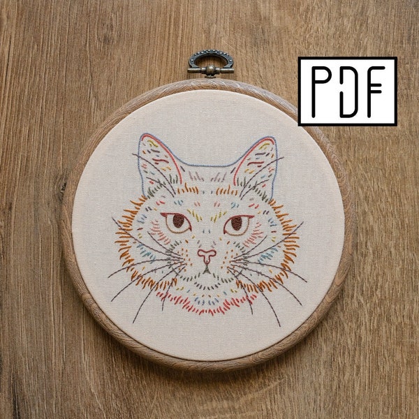 Digital PDF pattern - Multicolored Cat Hand Embroidery Pattern (PDF modern hand embroidery pattern)