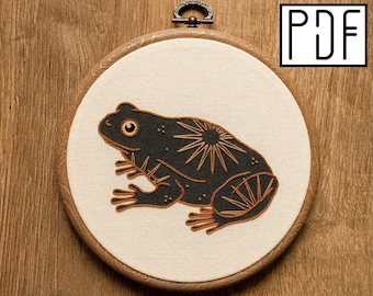 Digital PDF - Celestial Frog Hand Embroidery Pattern (Digital Download), whimsical embroidery design, printable pattern PDF