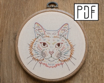 Digital PDF pattern - Multicolored Cat Hand Embroidery Pattern (PDF modern hand embroidery pattern)