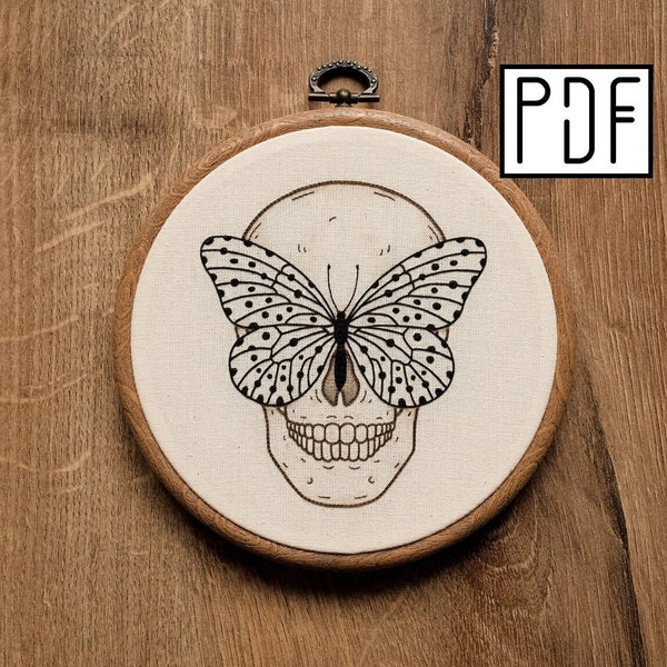Digital PDF pattern - Butterfly Skull Hand Embroidery Pattern (PDF modern hand embroidery pattern)