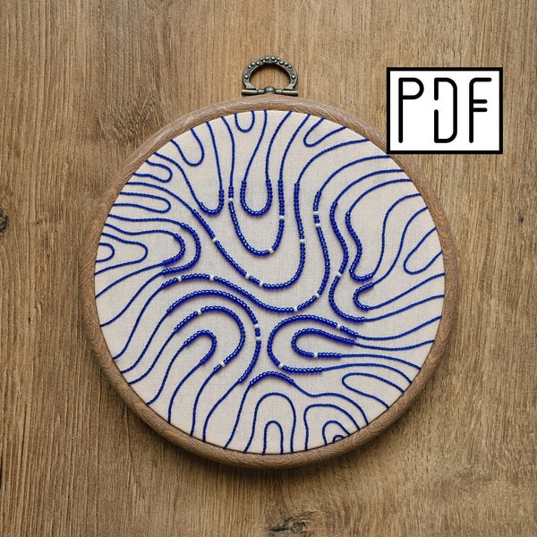 Digital PDF pattern - Blue Abstract Lines Hand Embroidery Pattern (PDF modern hand embroidery pattern)