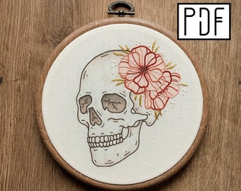 Digital PDF pattern - Flower Skull Hand Embroidery Pattern (PDF modern hand embroidery pattern)