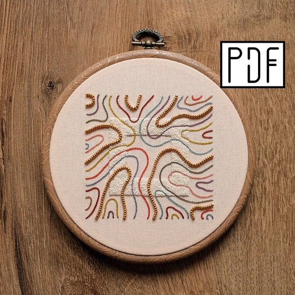 Digital PDF pattern - Abstract Lines with beads and French knot square Hand Embroidery Pattern (PDF modern hand embroidery pattern)