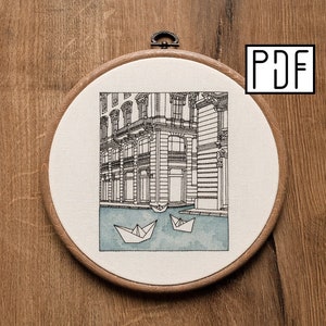 Digital PDF pattern - Architecture and Paper Boats Hand Embroidery Pattern (PDF modern hand embroidery pattern - Milan, Italy)