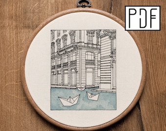 Digital PDF pattern - Architecture and Paper Boats Hand Embroidery Pattern (PDF modern hand embroidery pattern - Milan, Italy)