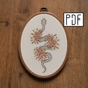 Digital PDF - Flower Snake Cross Stitch and Hand Embroidery Pattern (Digital Download), floral serpent embroidery design, printable pattern