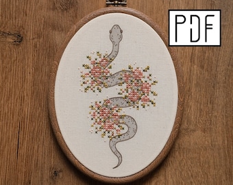 Digital PDF pattern - Cross Stitch Flower Snake Hand Embroidery Pattern (PDF modern hand embroidery pattern)