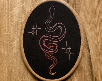 Sunset Snake Hand Embroidery Hoop Art: Modern Wall Decor, whimsical embroidery design, celestial serpent embroidery