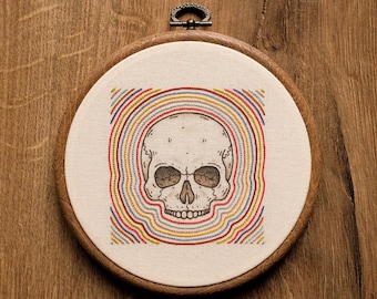 Multicolor Skull Hand Embroidery Hoop Art: Modern Wall Decor, whimsical embroidery design