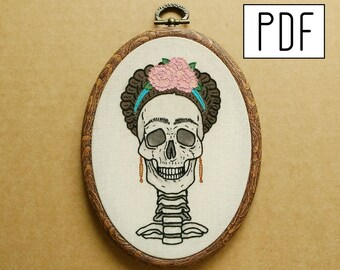 Digital PDF pattern - PDF pattern -  Frida Kahlo Skull Hand Embroidery Pattern (PDF pattern -  modern embroidery pattern)