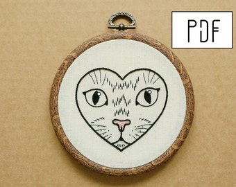 Digital PDF pattern - Cat in a Heart Hand Embroidery Pattern (PDF modern embroidery pattern - tattoo patch)