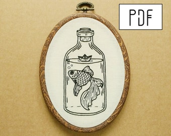 Digital PDF pattern -  Goldfish in a Bottle with Paper Boat Hand Embroidery Pattern (PDF pattern -  modern embroidery pattern)