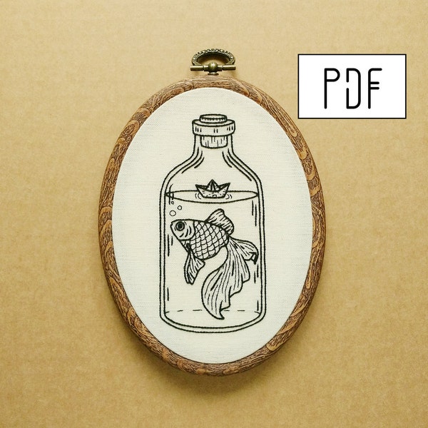 Digital PDF pattern -  Goldfish in a Bottle with Paper Boat Hand Embroidery Pattern (PDF pattern -  modern embroidery pattern)