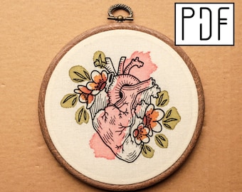 Digital PDF - Flower Human Heart Hand Embroidery Pattern (Digital Download), floral embroidery design, printable pattern