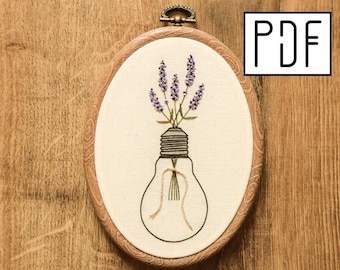 Digital PDF - Lavender Light Bulb Hand Embroidery Pattern (Digital Download), floral embroidery design, printable pattern PDF