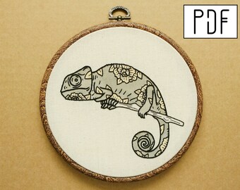 Digital PDF pattern - Floral Chameleon Hand Embroidery Pattern (PDF modern embroidery pattern - tattoo embroidery - peony embroidery)