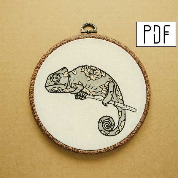 Digital PDF pattern - Floral Chameleon Hand Embroidery Pattern (PDF modern embroidery pattern - tattoo embroidery - peony embroidery)