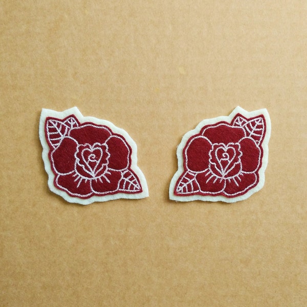 SET OF 2 Sew On Hand Embroidered Traditional Rose Tattoo Patch in burgundy (SOFT) (flower patch)