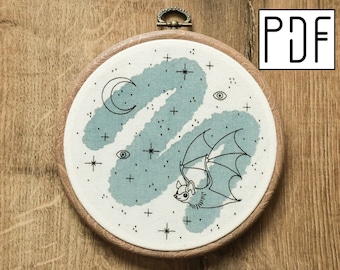 Digital PDF - Celestial Bat Hand Embroidery Pattern (Digital Download), spooky embroidery design, whimsical embroidery, printable pattern