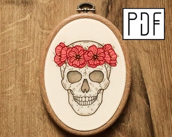 Digital PDF pattern - Skull with a Flower Crown Hand Embroidery Pattern (PDF modern hand embroidery pattern)