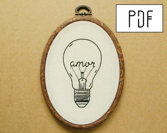 Digital PDF - Amor Light Bulb Hand Embroidery Pattern (Digital Download), minimalist embroidery design, printable pattern PDF
