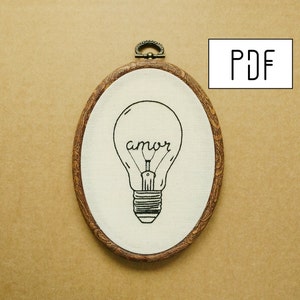 Digital PDF pattern Amor Love Light Bulb Hand Embroidery Pattern Valentine's Day PDF pattern modern embroidery pattern afbeelding 1