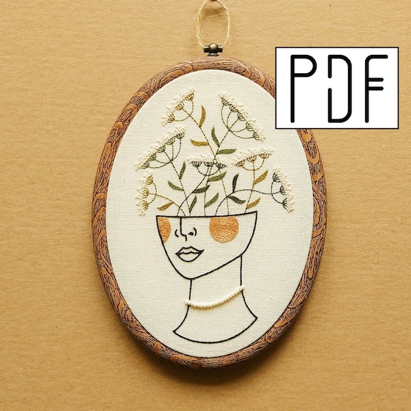 Digital PDF pattern - Flower Girl Hand Embroidery Pattern (PDF modern embroidery pattern - queen anne's lace)