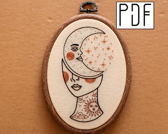 Digital PDF - Tattooed Crescent Moon Girl hand Embroidery Pattern (Digital Download), celestial embroidery design, printable pattern PDF