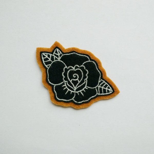 Sew On Hand Embroidered Traditional Rose Tattoo Patch in black (SOFT) (flower patch)