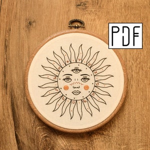 Digital PDF pattern - Three Eyed Sun with Zodiac Sign details Hand Embroidery Pattern (PDF modern hand embroidery pattern)