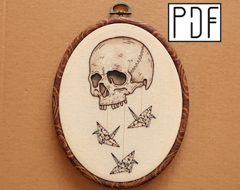 Digital PDF - Skull & Origami Crane Hand Embroidery Pattern (Digital Download), spooky embroidery pattern, printable pattern