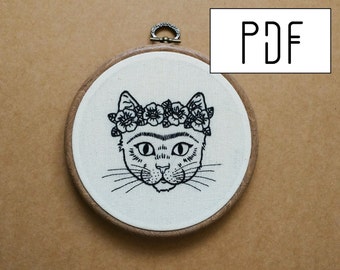 Digital PDF pattern -  Frida Kahlo Cat Hand Embroidery Pattern (PDF pattern -  modern embroidery pattern)