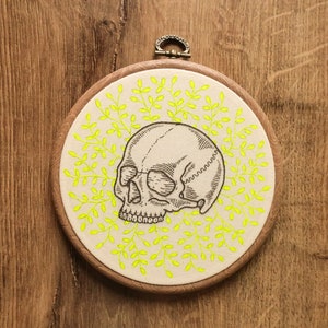Skull with neon yellow and pencil effect leaf details Hand Embroidery Hoop Art (modern hand embroidery wall hanging)