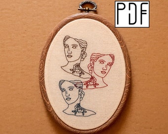 Digital PDF - Statue Hand Embroidery Pattern: Greek Goddess with Flowers (Digital Download), minimalist embroidery design, printable pattern