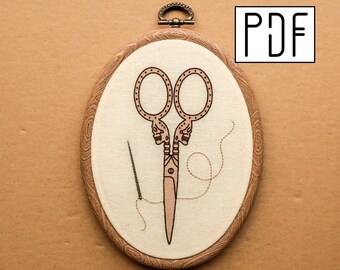 Digital PDF pattern - Skull Embroidery Scissors with Needle Hand Embroidery Pattern (PDF modern hand embroidery pattern)