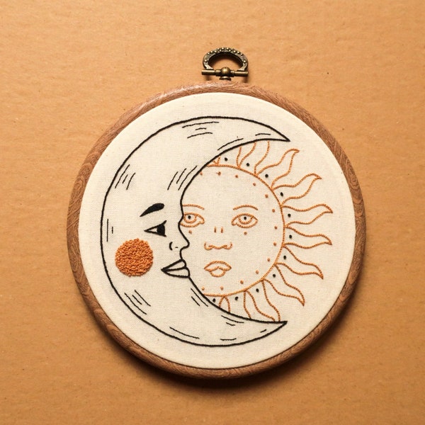 Crescent Moon and Sun Hand Embroidery Hoop Art (modern hand embroidery wall hanging)